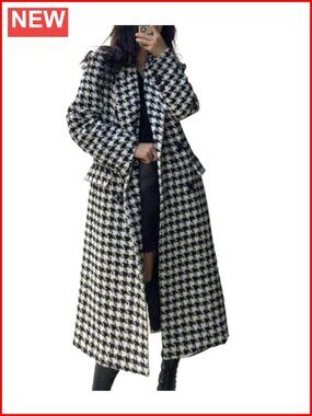 Womens Houndstooth Trench Coat Winter Long Overcoat Pea Coat